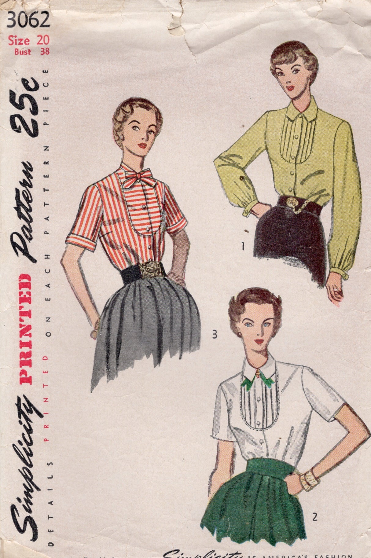 1950's Simplicity Button up Blouse Pattern with U shaped Yokes - Bust 38" - No. 3062