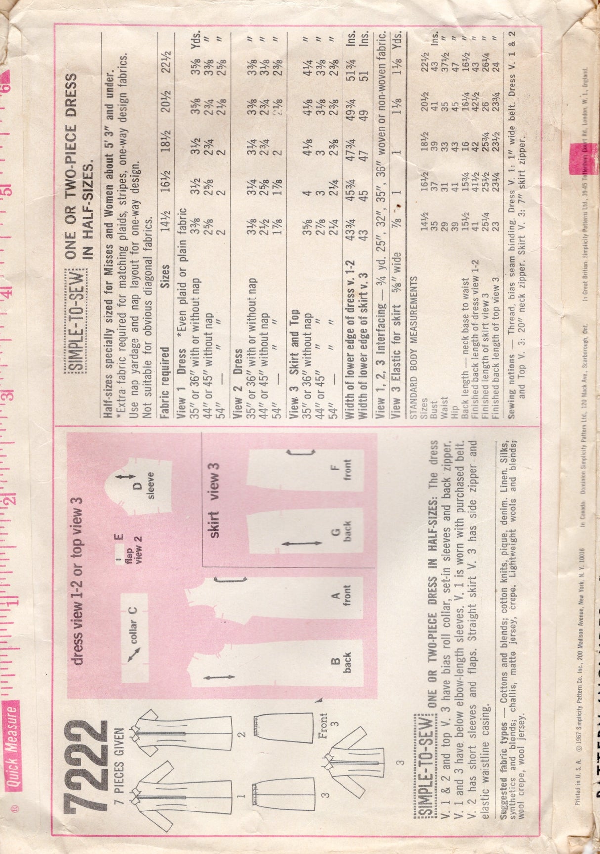 1960's Simplicity Sheath Dress or Tunic and Skirt Pattern - Bust 41" - No. 7222