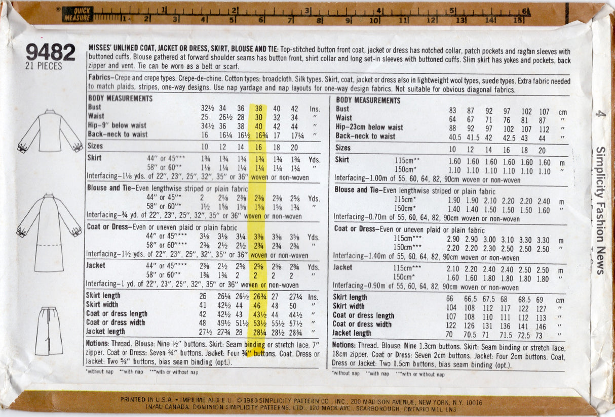 1980's Simplicity Unlined Coat, Jacket or Dress, Skirt, Blouse and Tie Pattern - Bust 38" - No. 9482