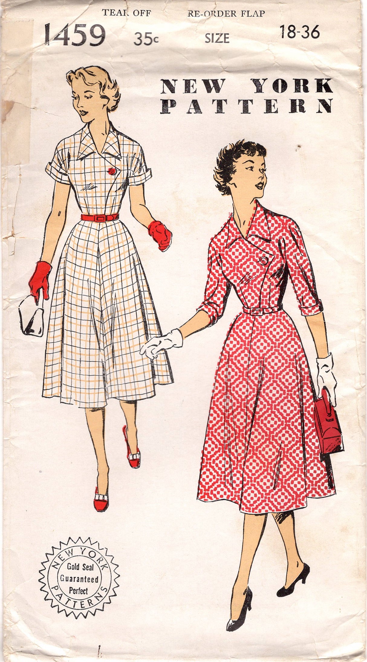 1950's New York One Piece Dress Pattern with Cross-over front - Bust 36" - No. 1459