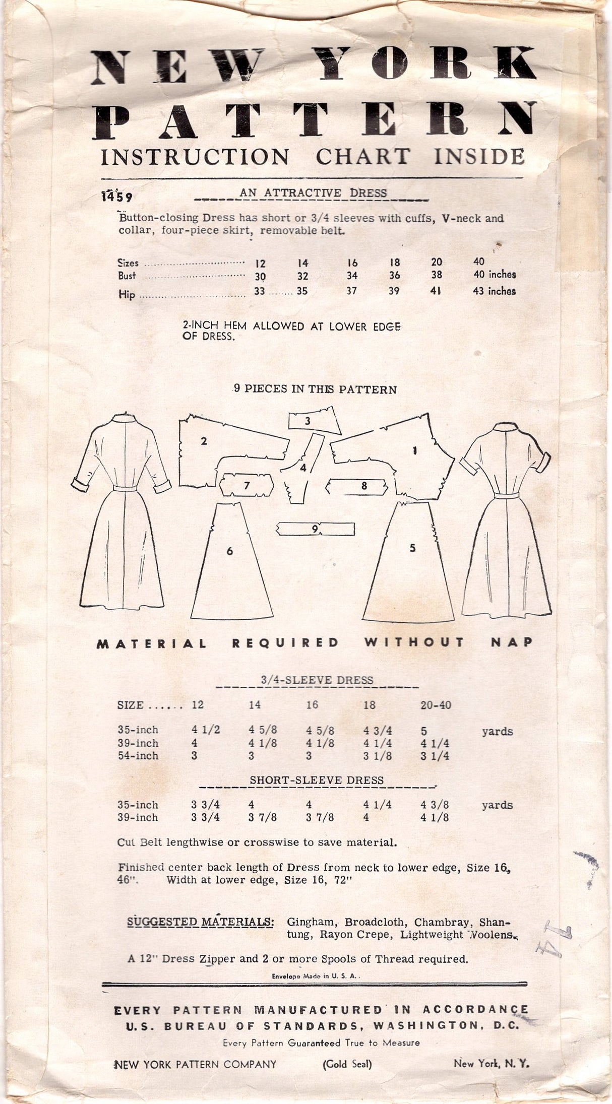 1950's New York One Piece Dress Pattern with Cross-over front - Bust 36" - No. 1459