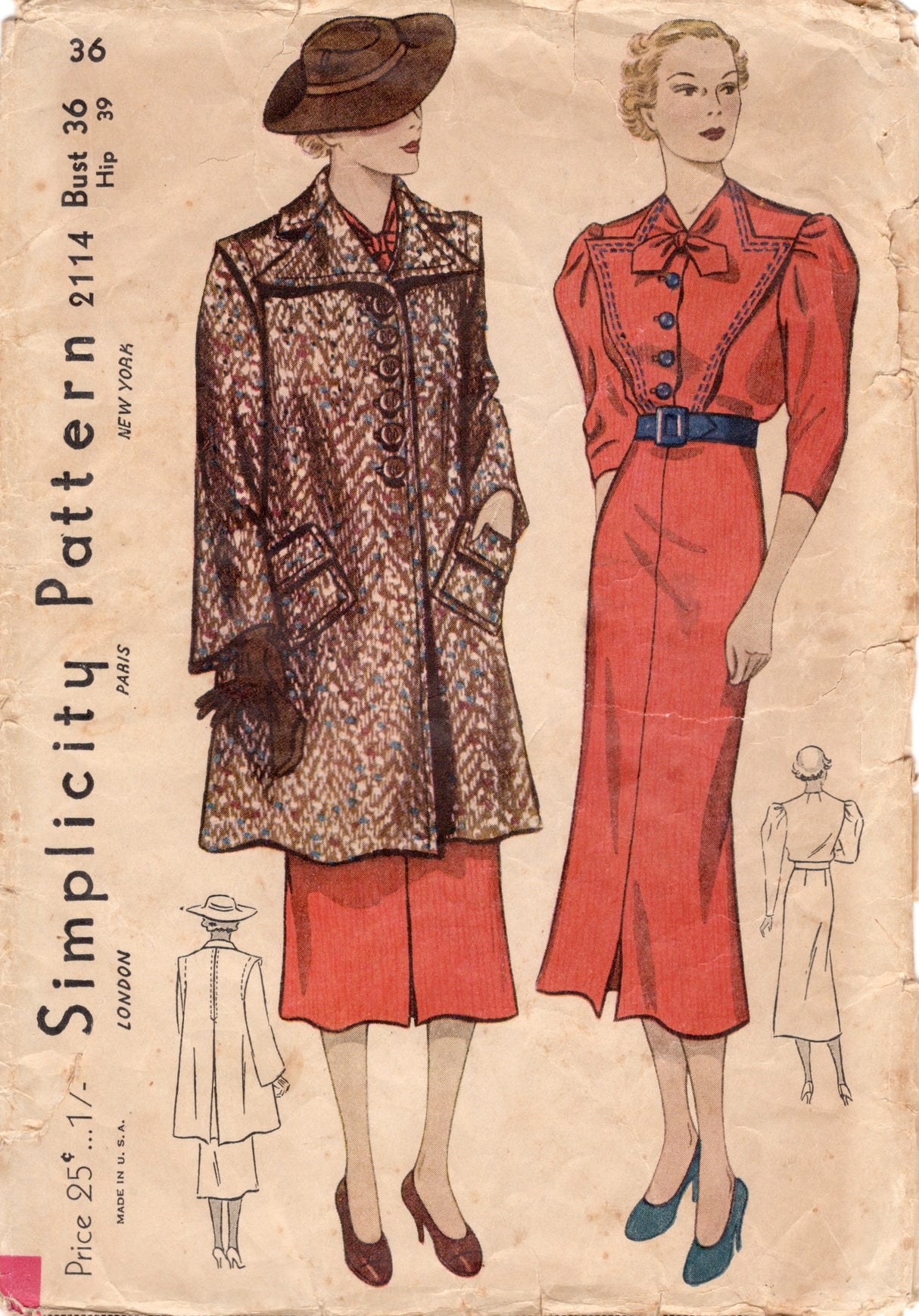 1930's Simplicity One Piece Dress with Plastiron Front detail and Swagger Coat Pattern- Bust 36" - No. 2114