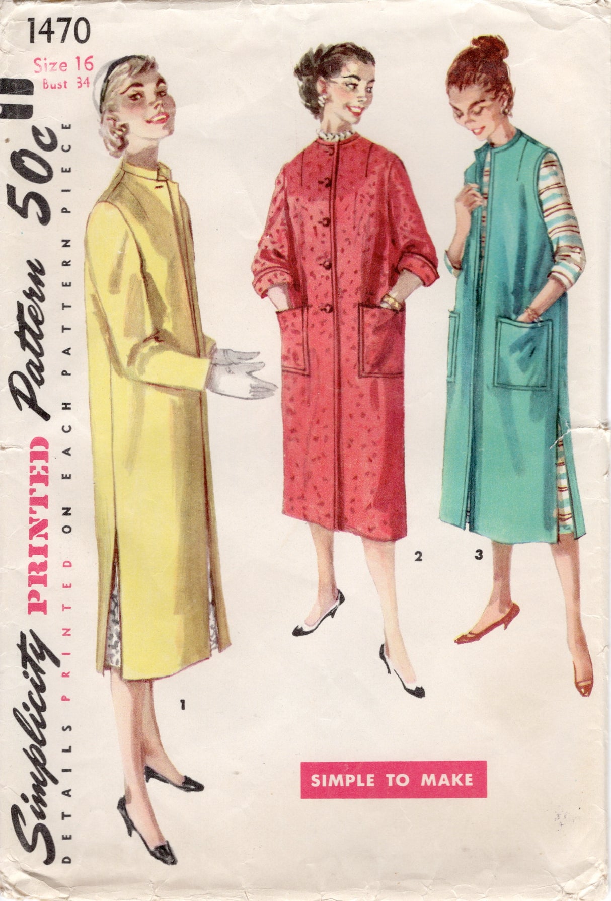 1950's Simplicity Straight Line Coat Pattern with or without Sleeves - Bust 34" - No. 1470