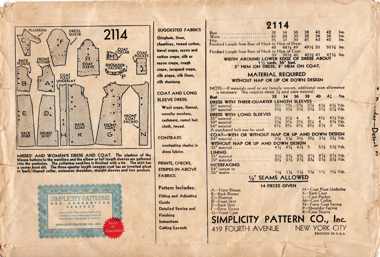 1930's Simplicity One Piece Dress with Plastiron Front detail and Swagger Coat Pattern- Bust 36" - No. 2114