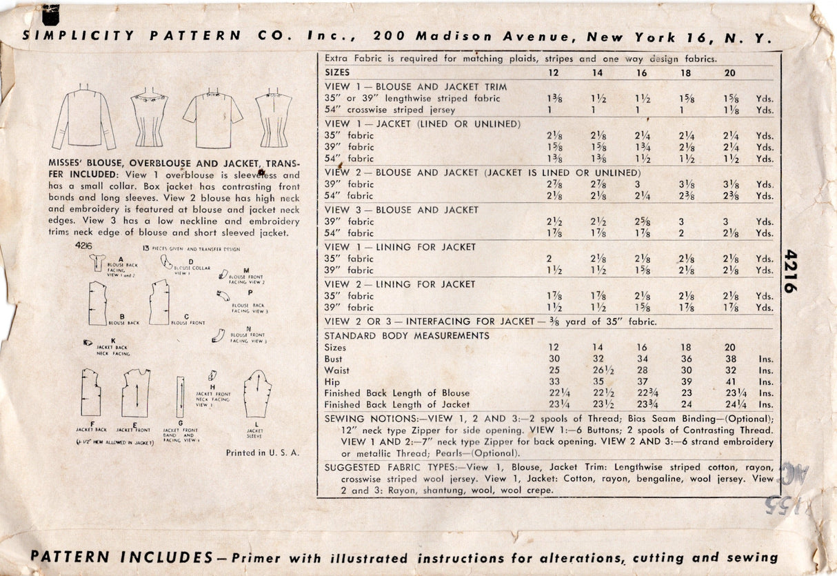 1950's Simplicity Blouse, Overblouse and Jacket Pattern - Bust 32" - No. 4216
