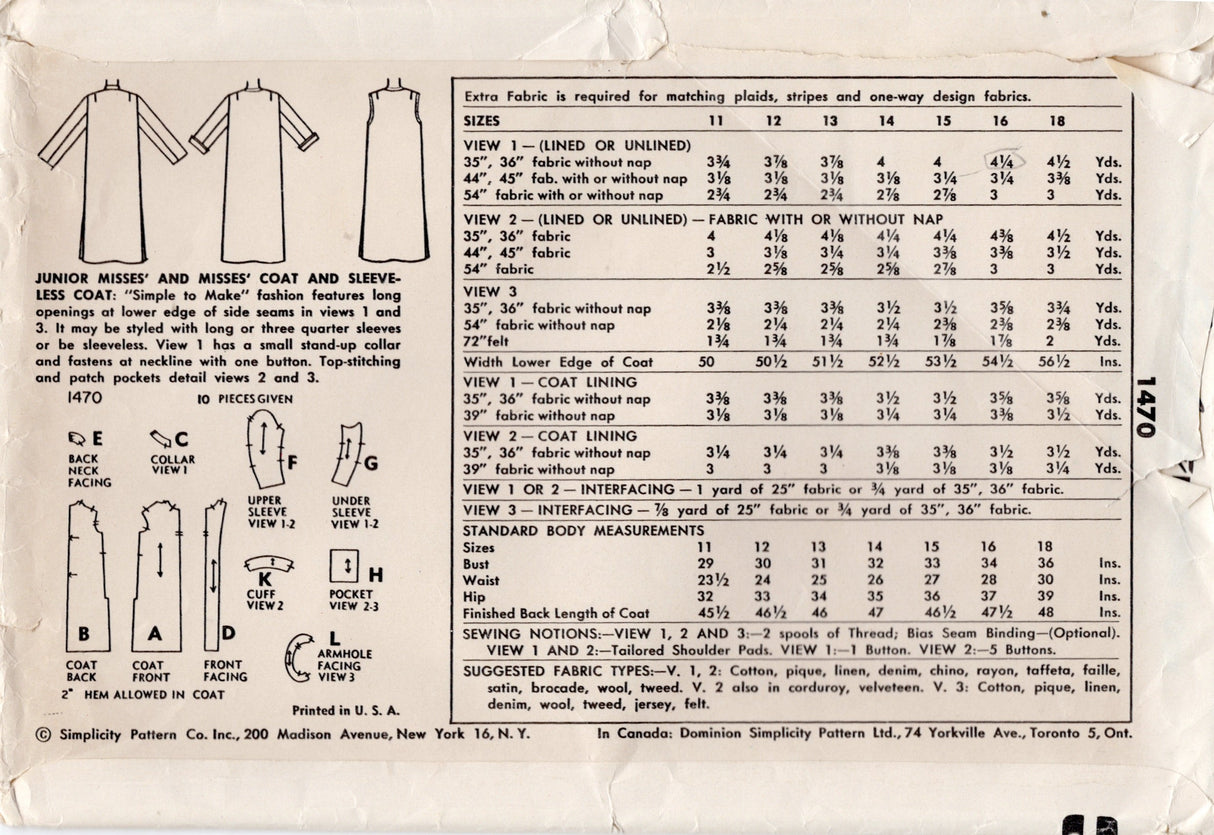 1950's Simplicity Straight Line Coat Pattern with or without Sleeves - Bust 34" - No. 1470
