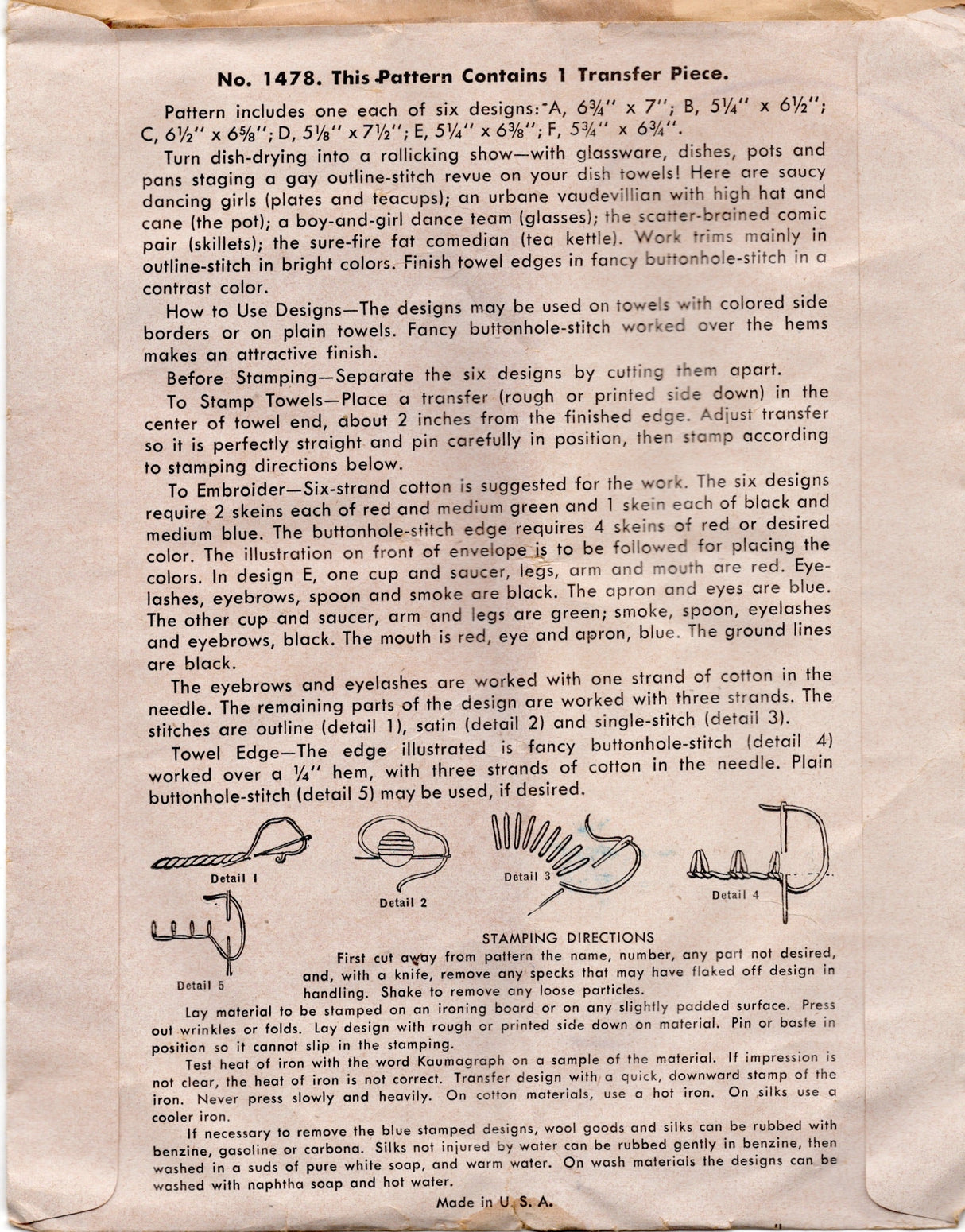 1940’s McCall “Kitchen Revue” Embroidery Transfer Pattern - No. 1478