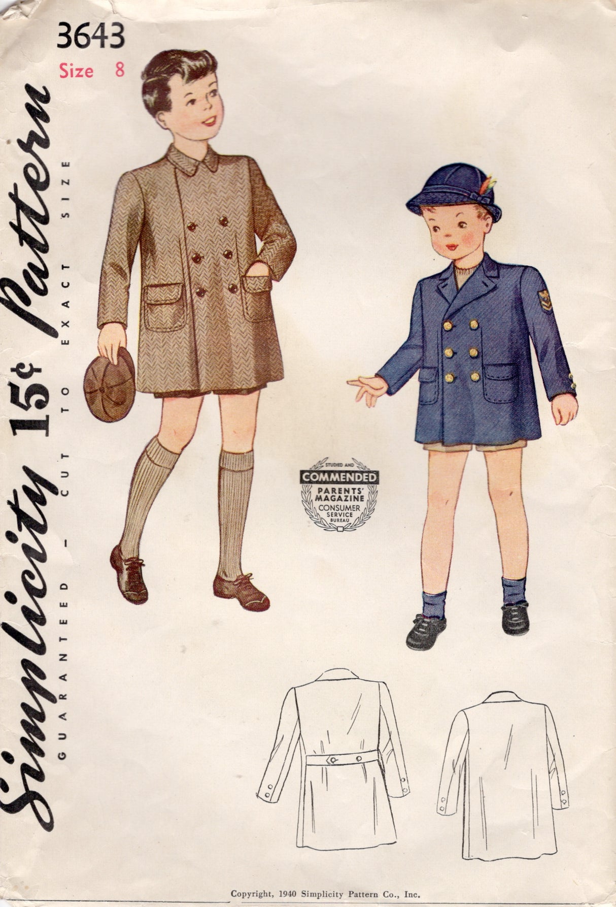 1940's Simplicity Child's Double Breasted Coat Pattern - Chest 26" - No. 3643