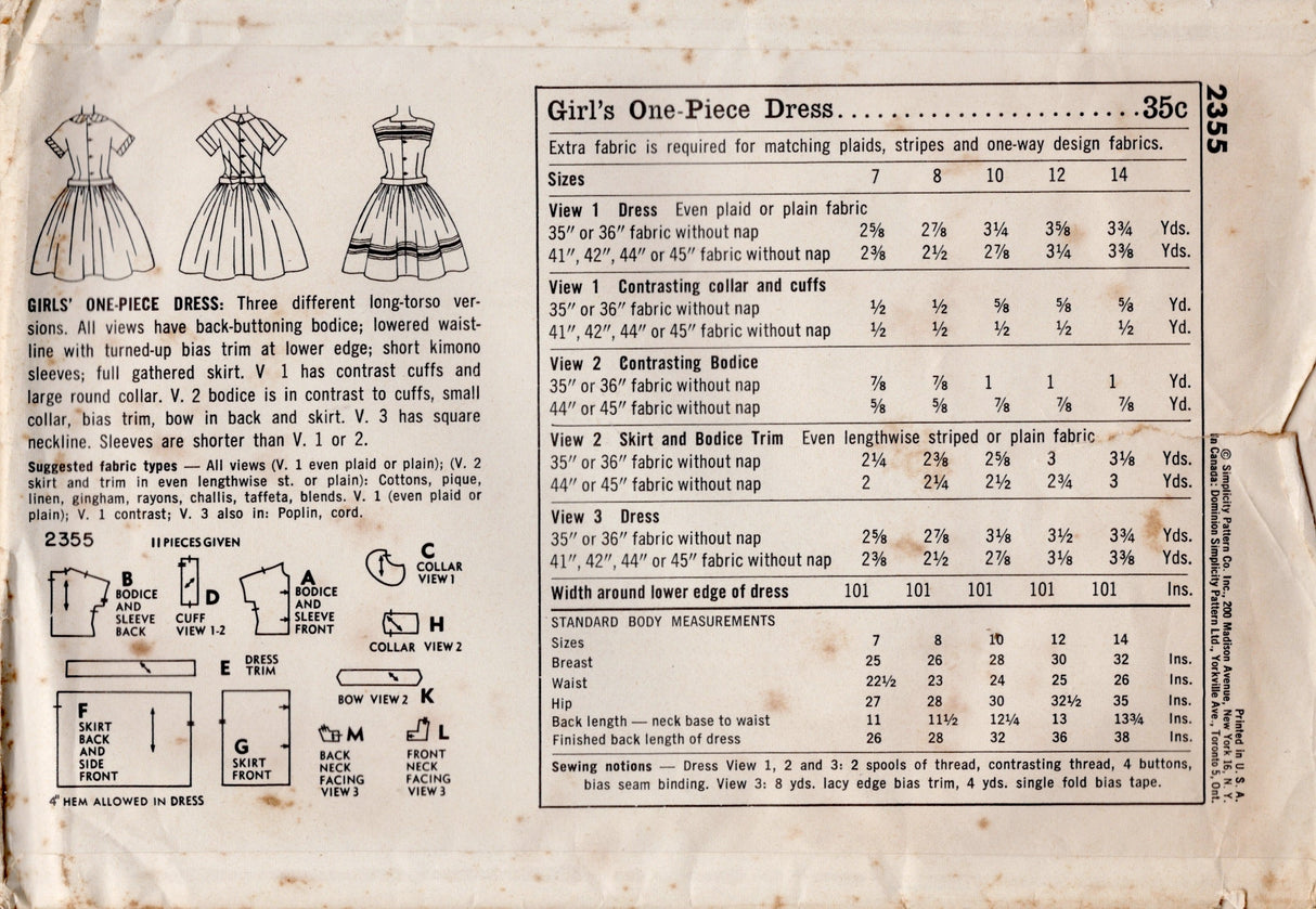 1950's Simplcity Child's Drop Waist Dress Pattern - Chest 28" - No. 2355