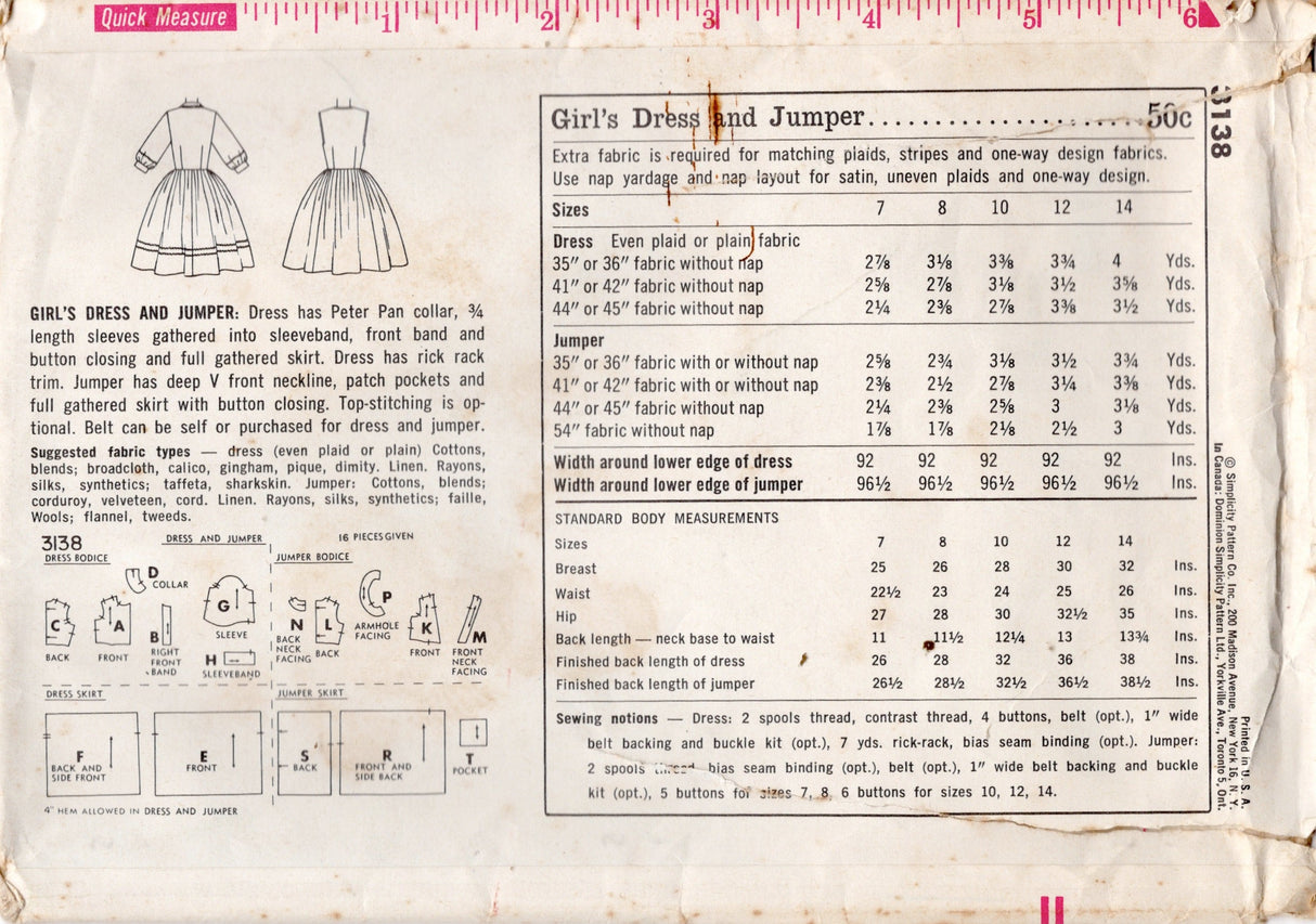 1950's Simplicity Child's Dress, Jumper Dress and Blouse pattern - Chest 28" - no. 3138