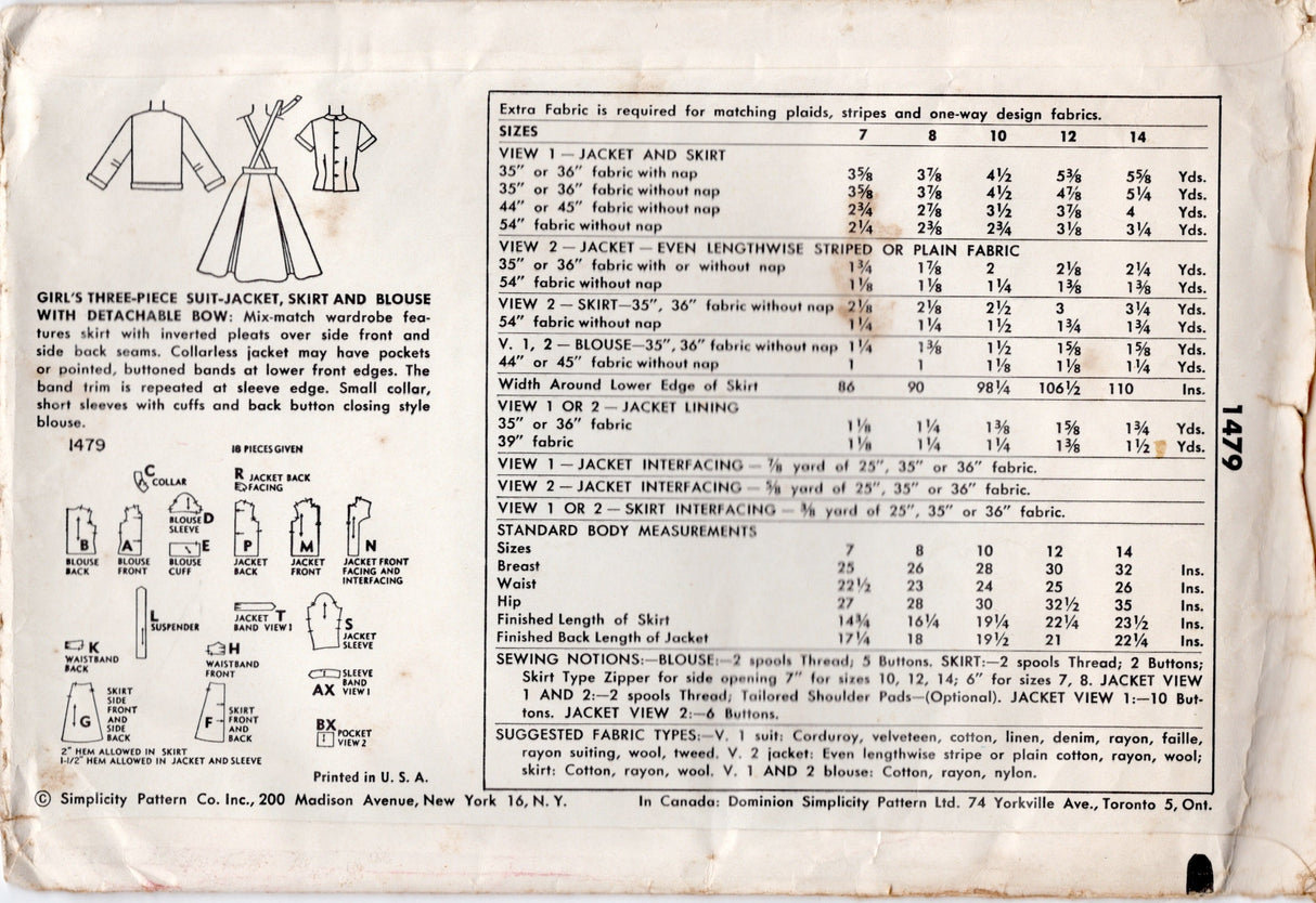 1950's Simplicity Suspendered Skirt, Blouse and Jacket Pattern – Chest 26" - No. 1479