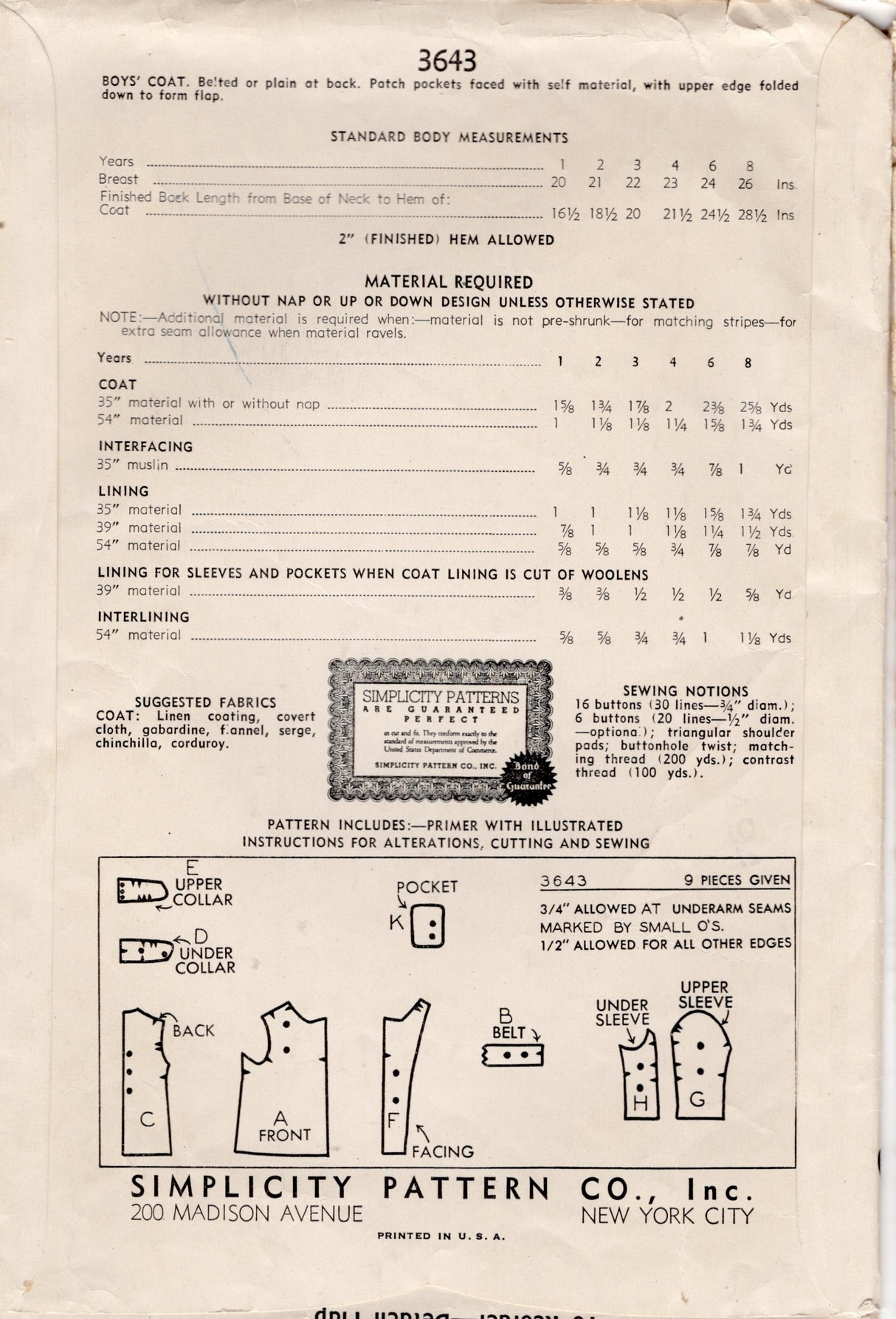 1940's Simplicity Child's Double Breasted Coat Pattern - Chest 26" - No. 3643