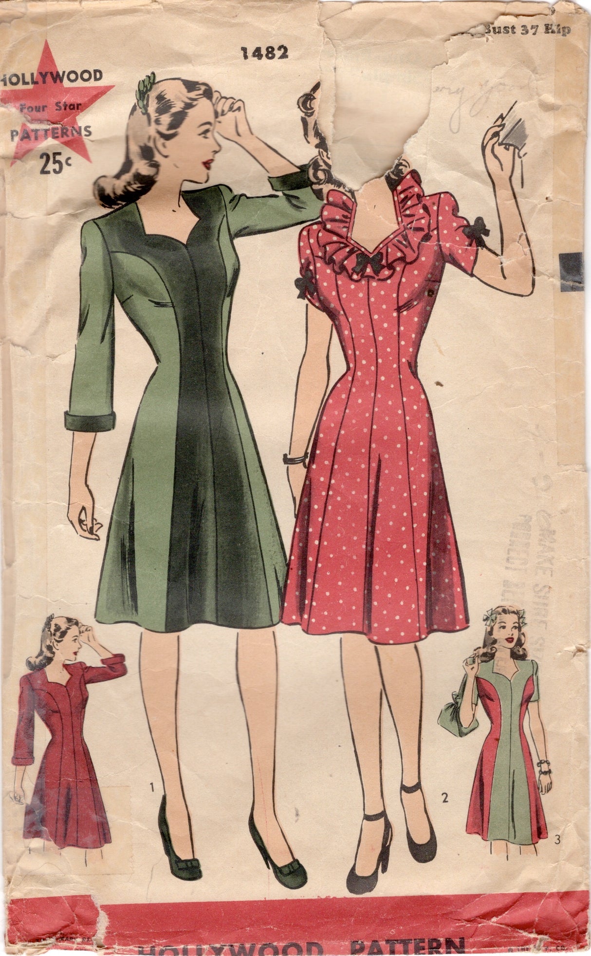 1940's Hollywood Princess Line Dress Pattern with optional Ruffle Collar - Bust 34" - No. 1482