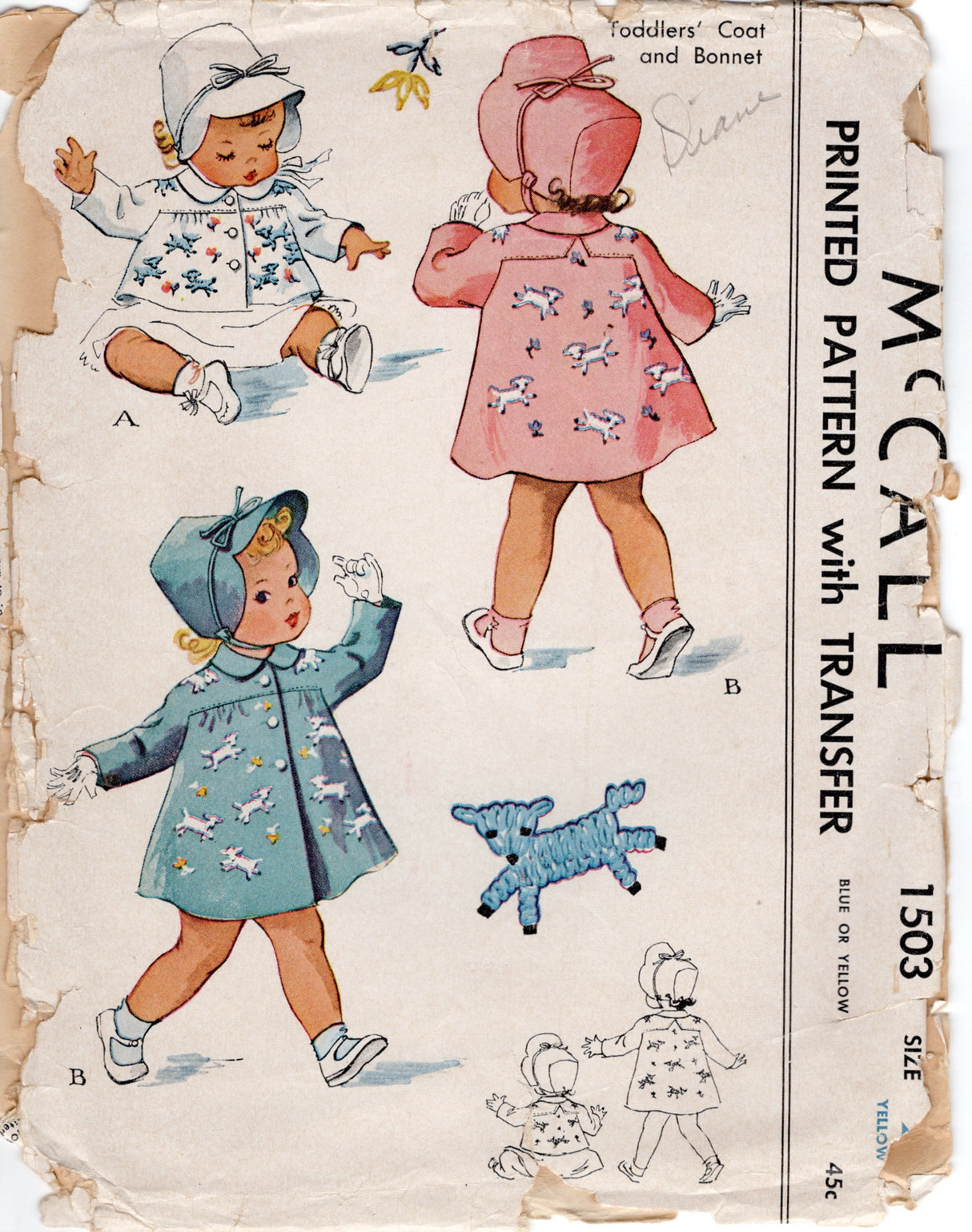 1940's McCall Child’s Coat and Bonnet Pattern with Transfer - Chest 21” - No. 1503