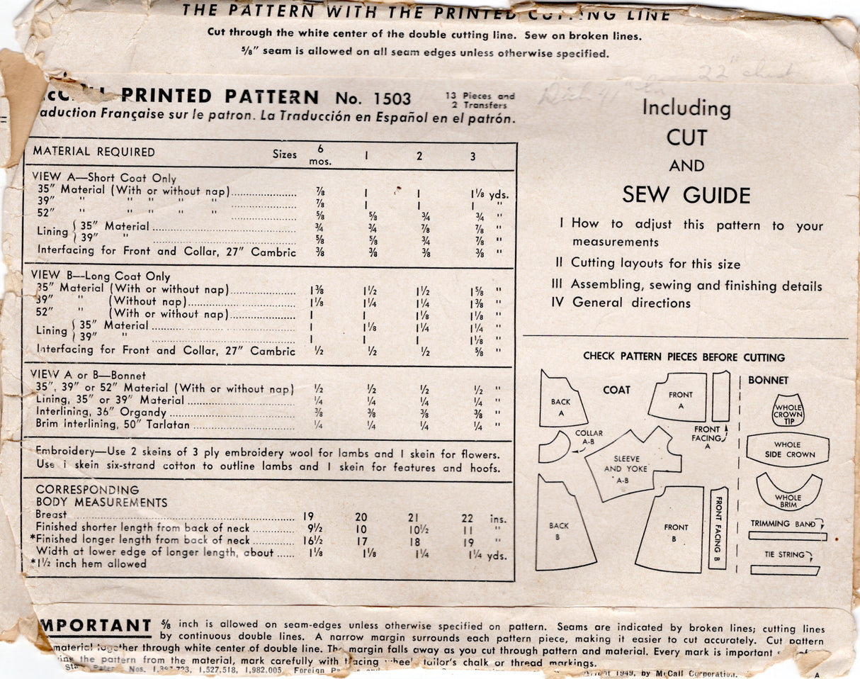 1940's McCall Child’s Coat and Bonnet Pattern with Transfer - Chest 21” - No. 1503