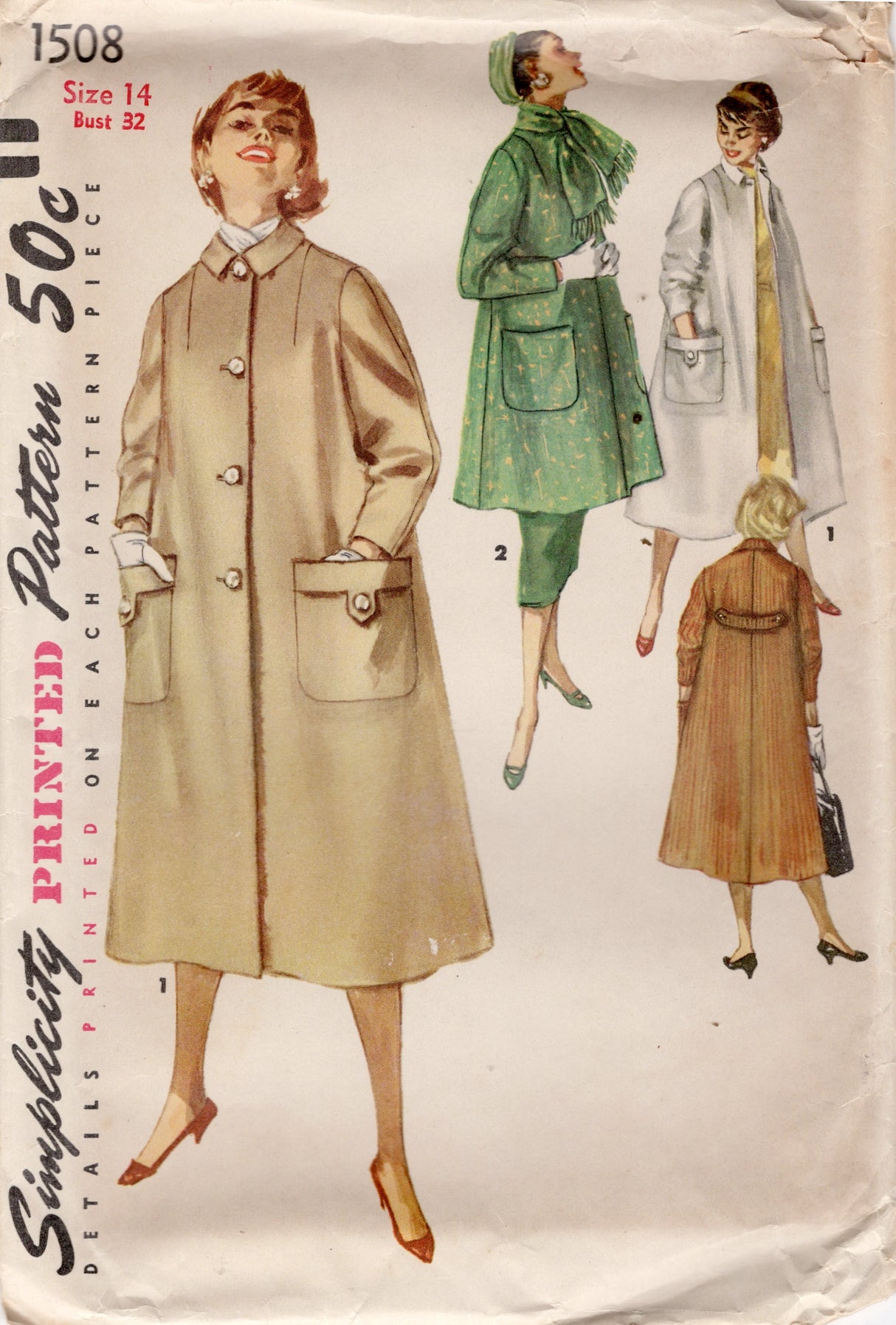 1950's Simplicity Flared Coat Pattern in Two Lengths - Bust 32" - No. 1508