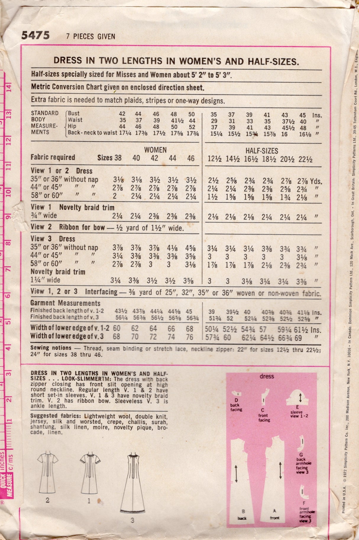 1970's Simplicity Midi or Maxi Dress with Slit Neckline Pattern - Bust 46" - No. 5475