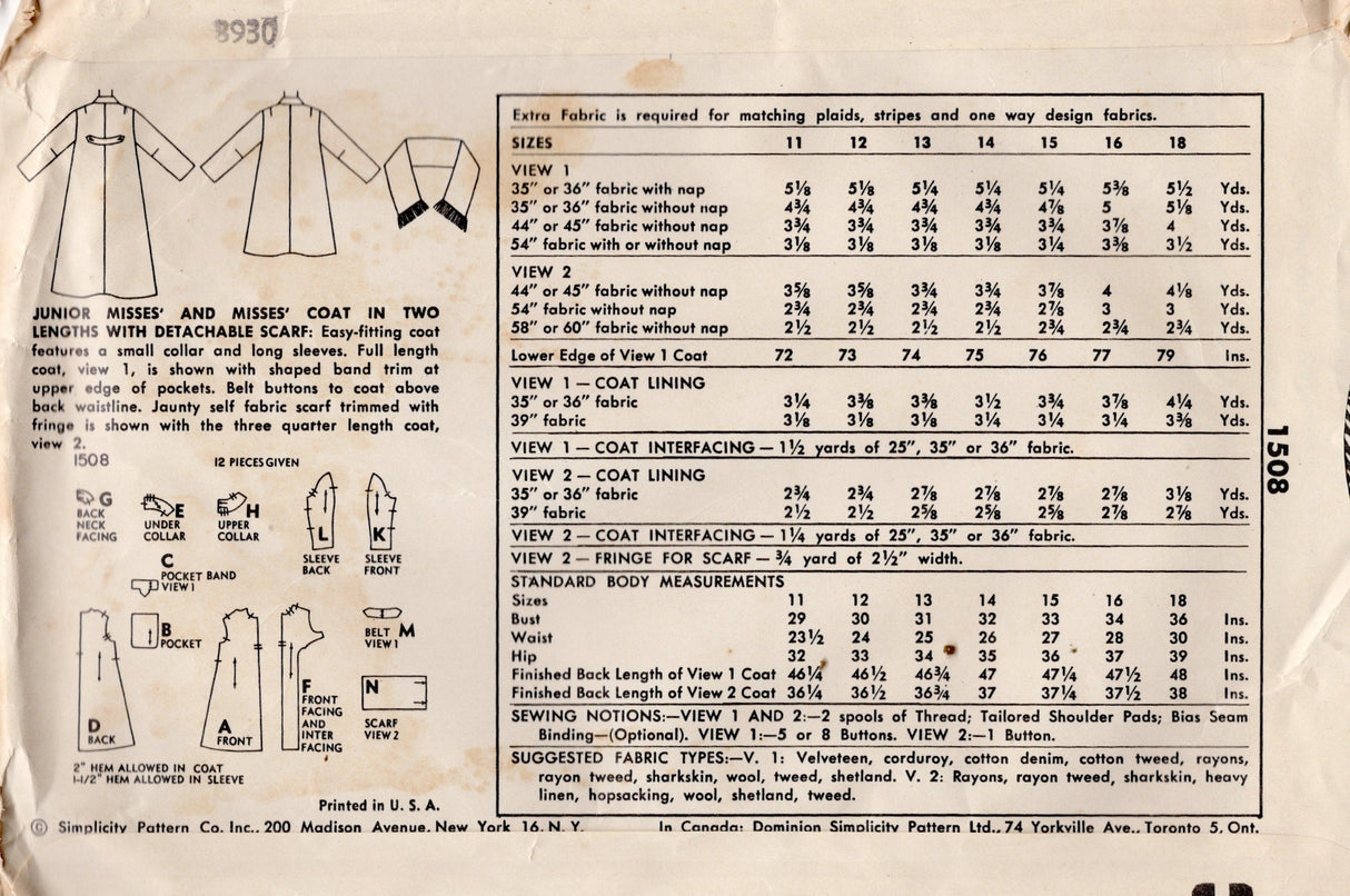1950's Simplicity Flared Coat Pattern in Two Lengths - Bust 32" - No. 1508