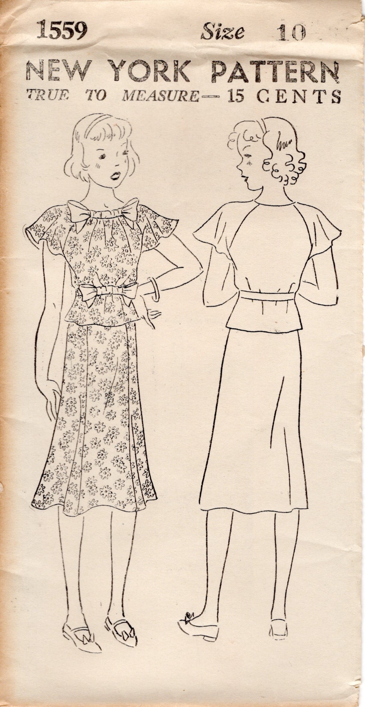 1930's New York Child and Teen's Two Piece Dress Pattern with Raglan Flutter Sleeves - Bust 36" - No. 1559