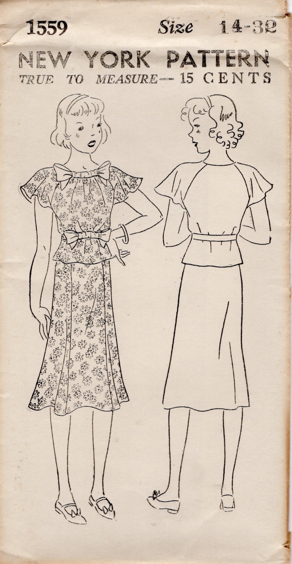 1930's New York Child and Teen's Two Piece Dress Pattern with Raglan Flutter Sleeves - Bust 36" - No. 1559