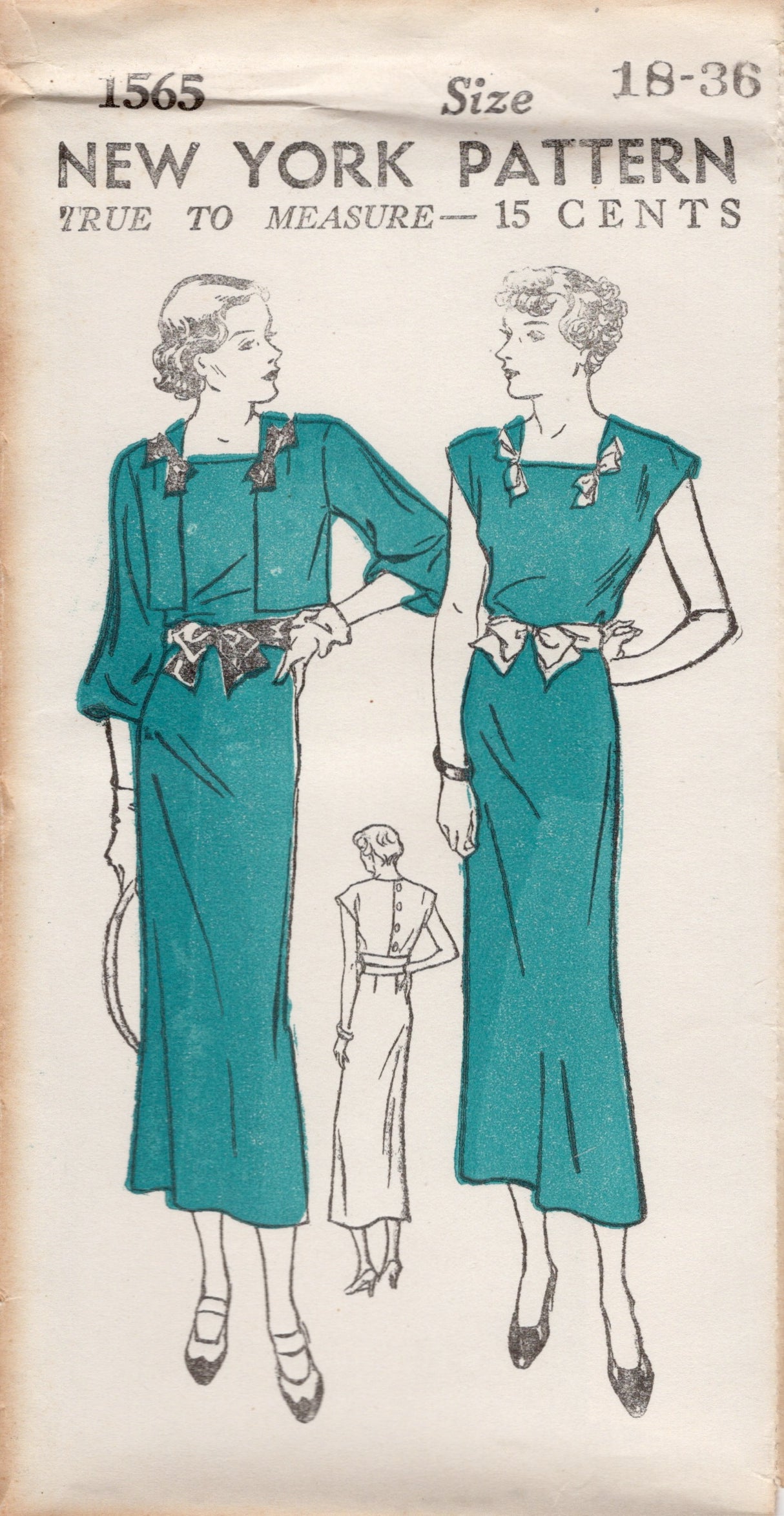 1930's New York Square One Piece Dress Pattern with Button on Bolero Jacket - Bust 36" - No. 1565