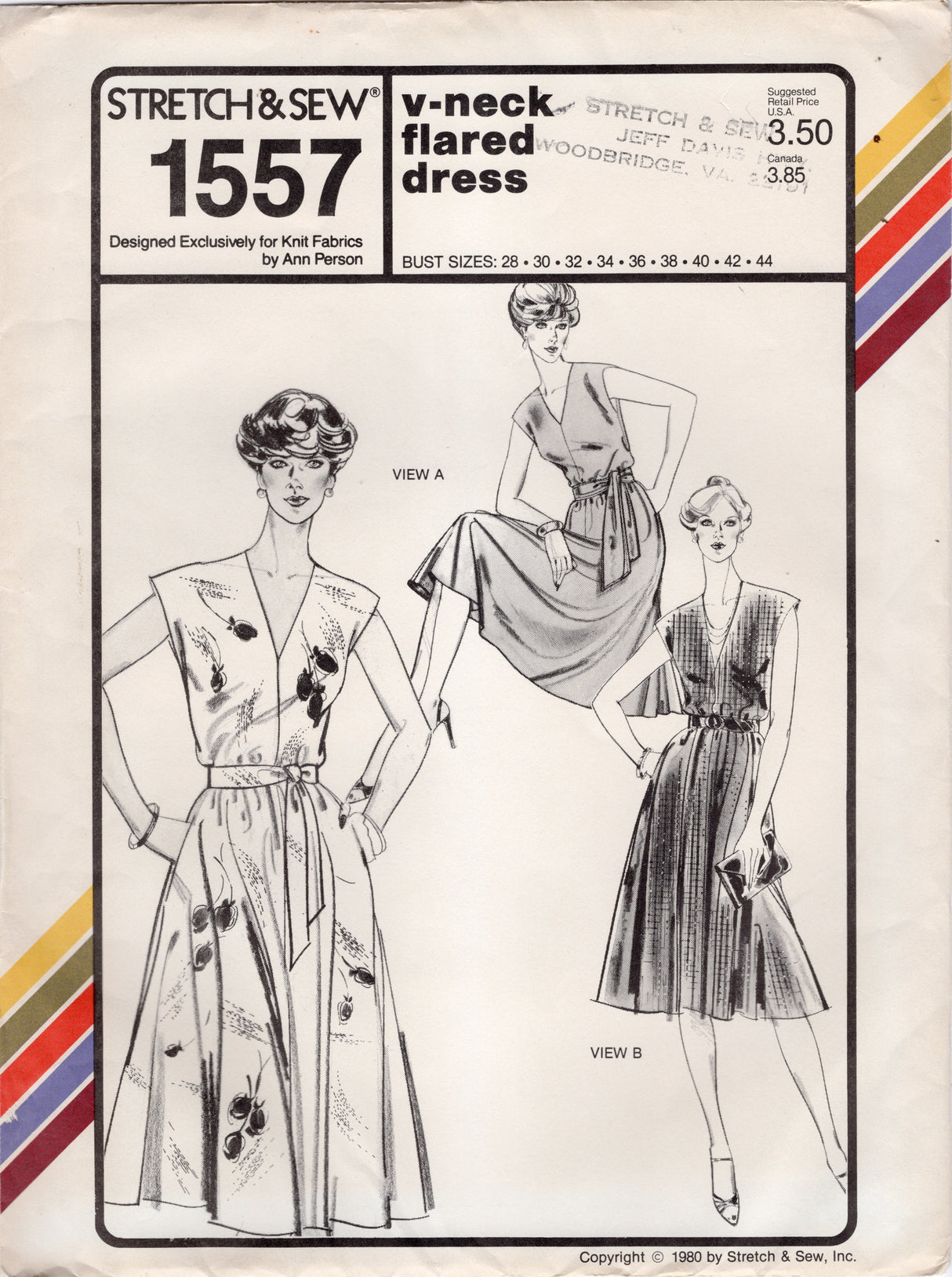 1980's Stretch & Sew V-neck Flared Dress pattern - Bust 28-44" - No. 1557