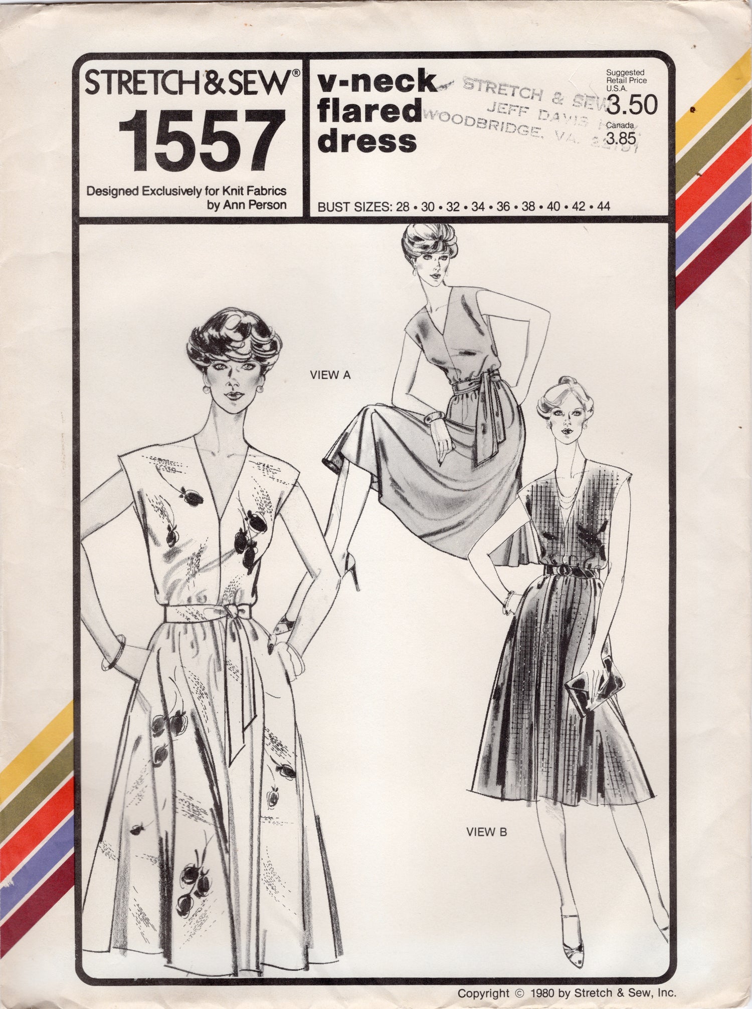 1980's Stretch & Sew V-neck Flared Dress pattern - Bust 28-44" - No. 1557