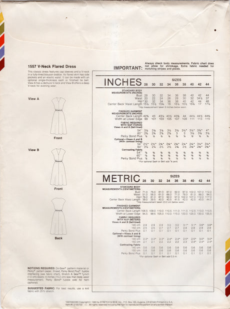 1980's Stretch & Sew V-neck Flared Dress pattern - Bust 28-44" - No. 1557