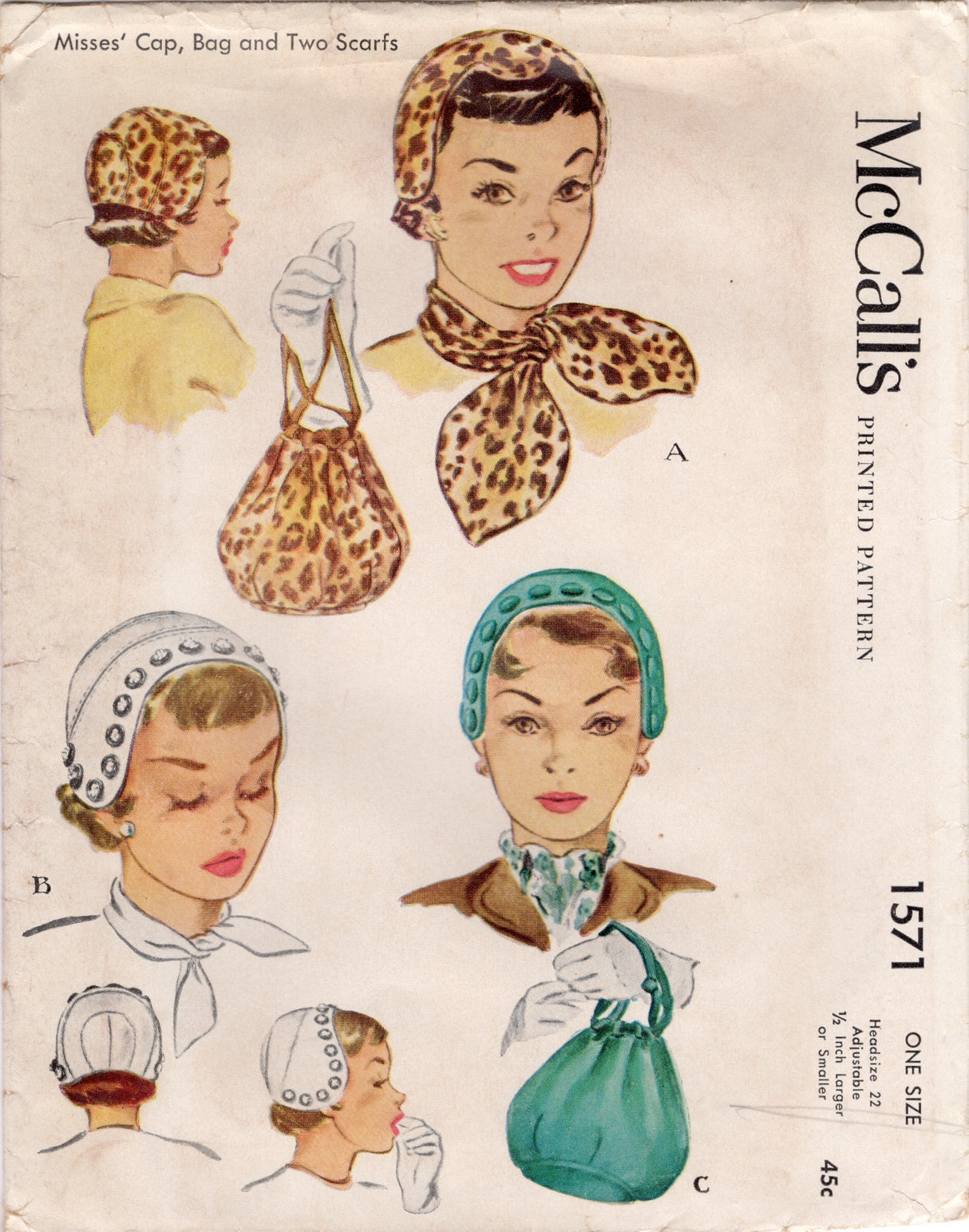 1950's McCall's Soft Cap, Scarves and Bag pattern - Heads size 21.5-22.5 - No. 1571