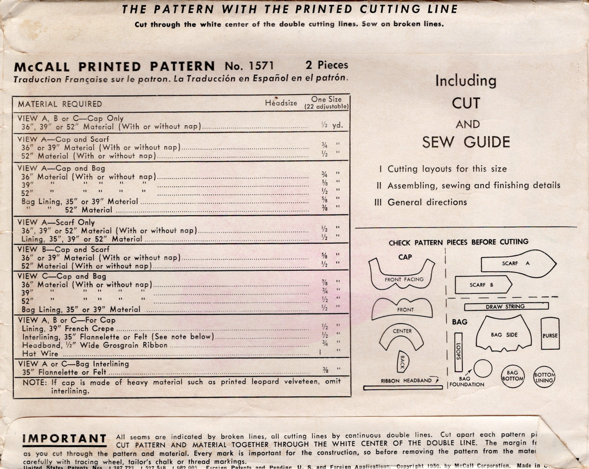 1950's McCall's Soft Cap, Scarves and Bag pattern - Heads size 21.5-22.5 - No. 1571