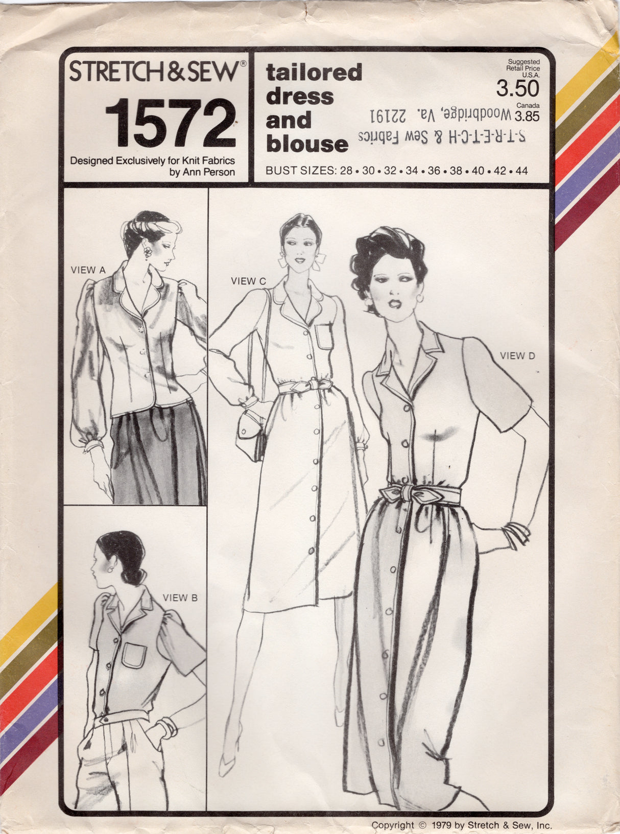 1970's Stretch & Sew Button up Tailored Dress or Blouse pattern - Bust 28-44" - No. 1572