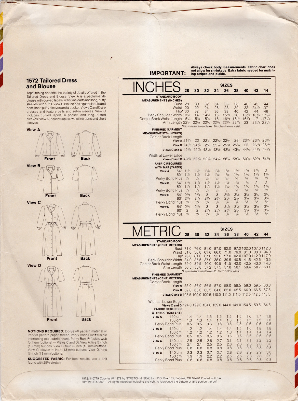 1970's Stretch & Sew Button up Tailored Dress or Blouse pattern - Bust 28-44" - No. 1572