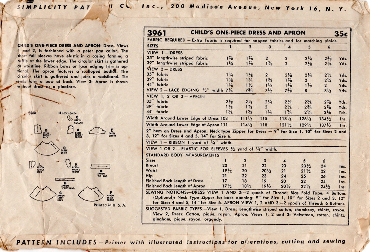 1950's Simplicity Child's Apron Dress Pattern - Chest 22" - No. 3961