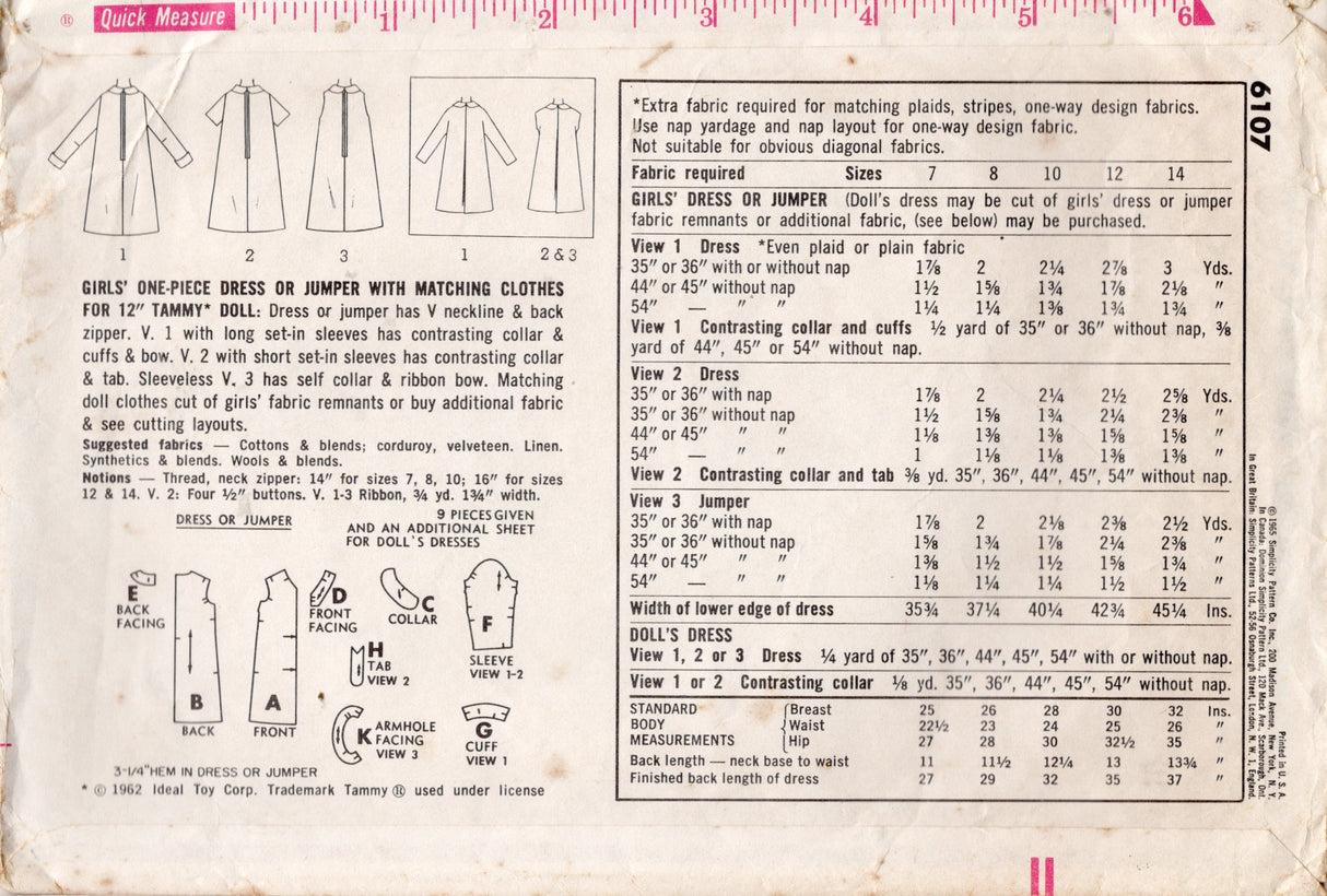 1960's Simplicity Child's Collared Dress and matching Tammy Doll Dress Pattern - Chest 28" - No. 6107