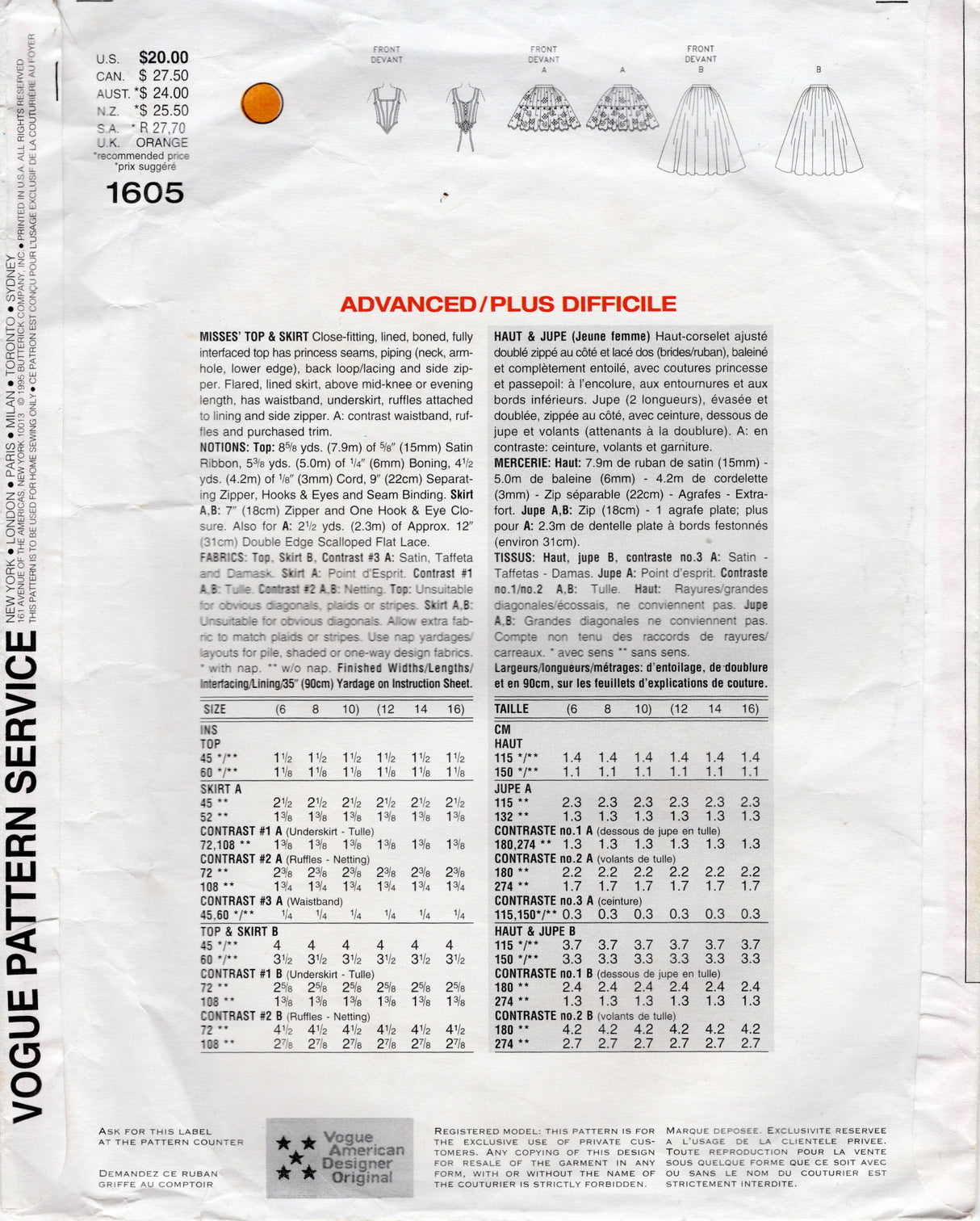 1990's Vogue Designer Original Bellville Sassoon Corset Top and Skirt - Bust 30.5" - No. 1605