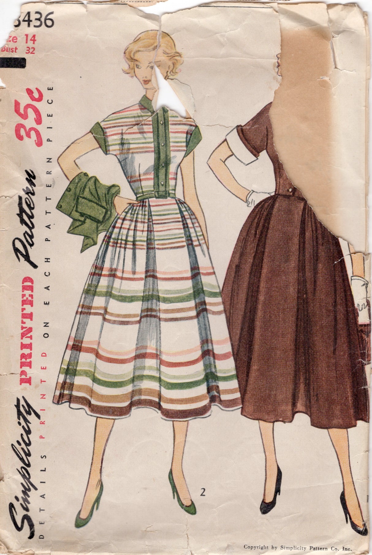 1950's Simplicity Shirtwaist Dress with Softly Pleated Skirt and Bolero Jacket - Bust 32" - No. 3436