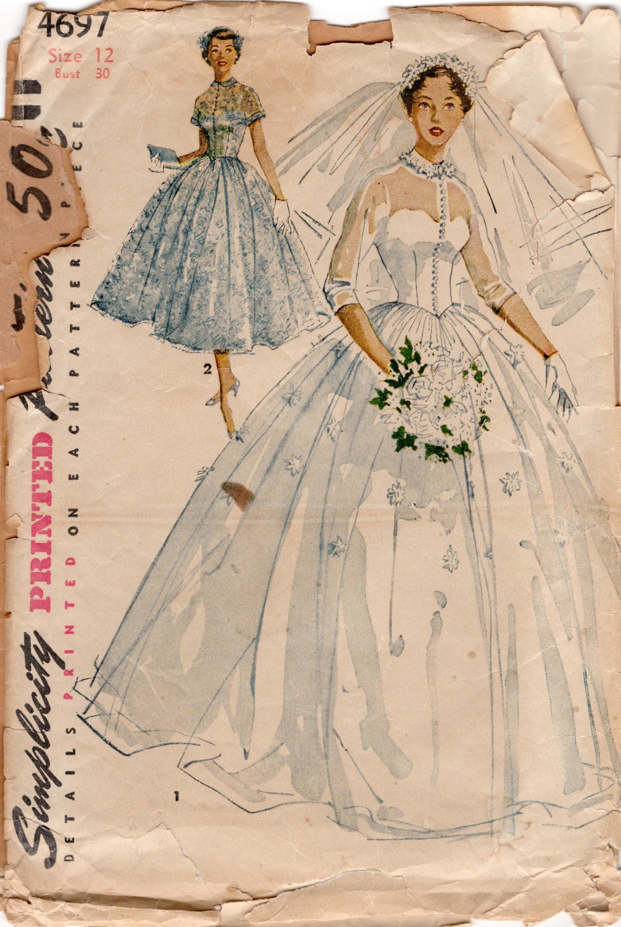 1950's Simplicity Wedding Gown or Bridesmaid Dress with Pointed Drop Waist bodice - Bust 30" - No. 4697