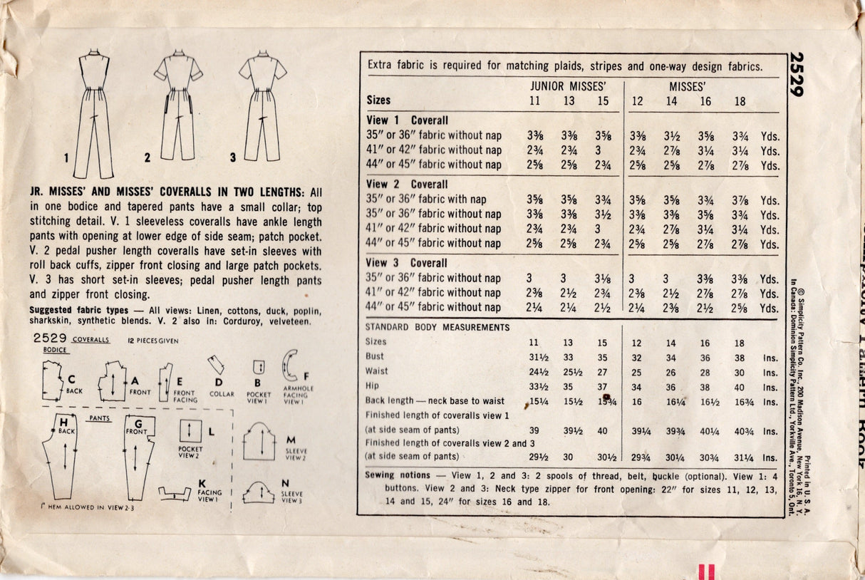 1950's Simplicity Coverall Jumpsuit Pattern – Bust 35” - No. 2529