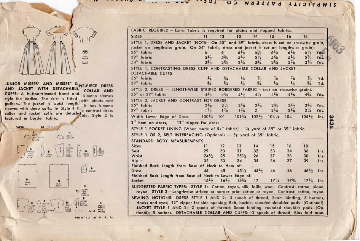 1950's Simplicity Shirtwaist Dress with Softly Pleated Skirt and Bolero Jacket - Bust 32" - No. 3436