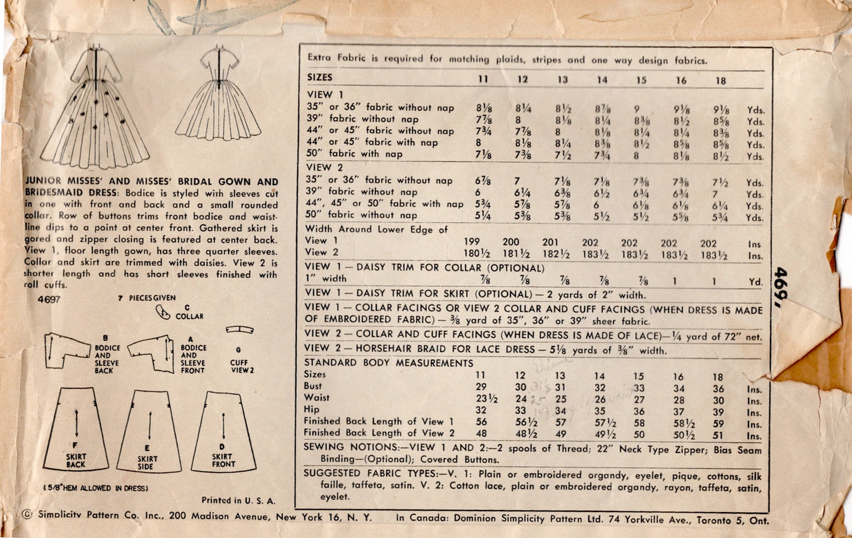 1950's Simplicity Wedding Gown or Bridesmaid Dress with Pointed Drop Waist bodice - Bust 30" - No. 4697