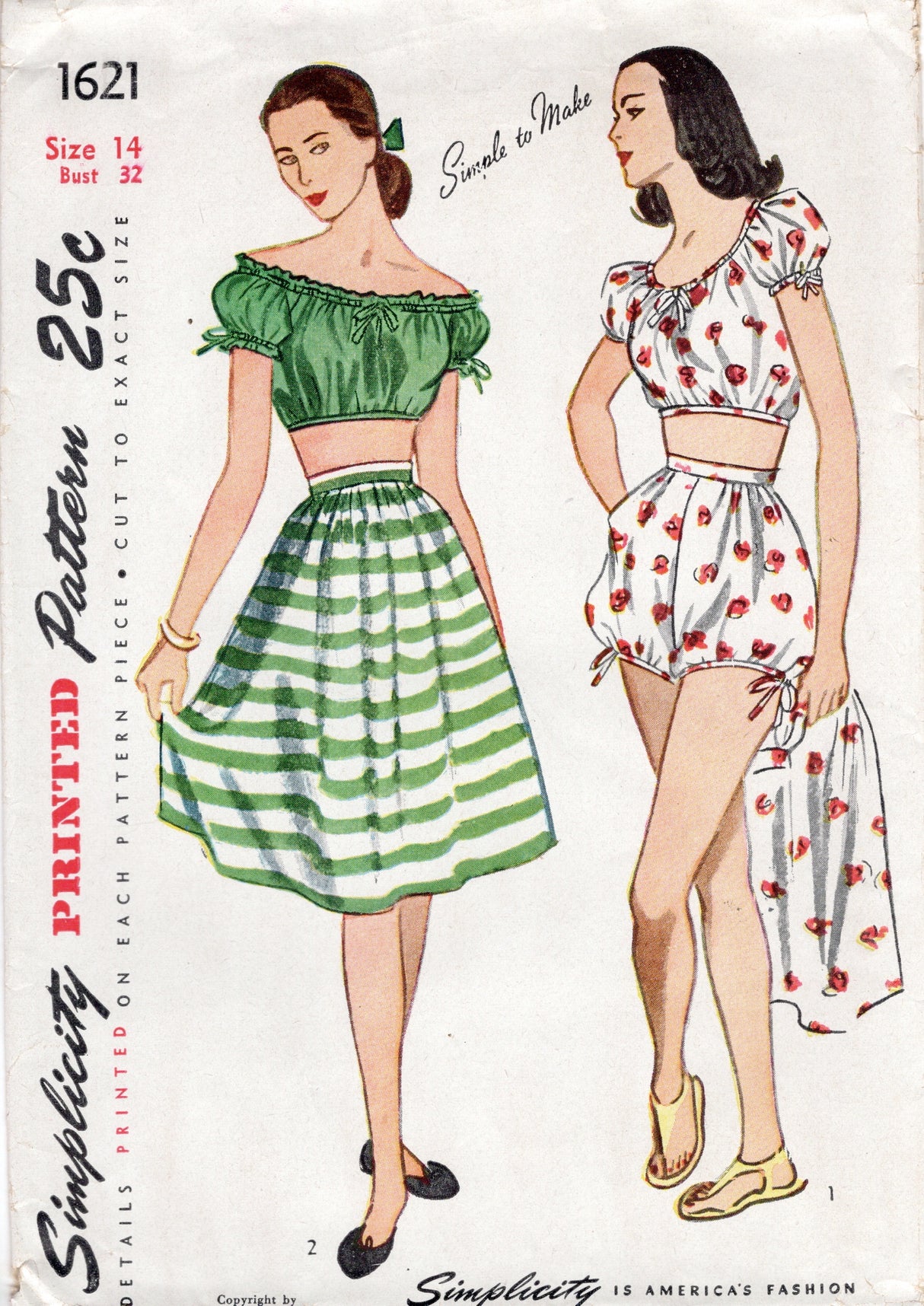 1940's Simplicity Crop Top, Bubble Shorts and Skirt Pattern - Bust 32" - No. 1621