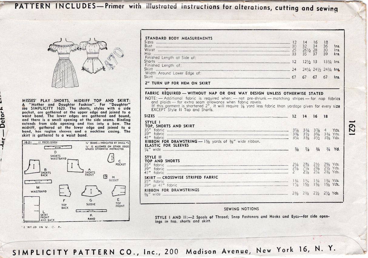 1940's Simplicity Crop Top, Bubble Shorts and Skirt Pattern - Bust 32" - No. 1621