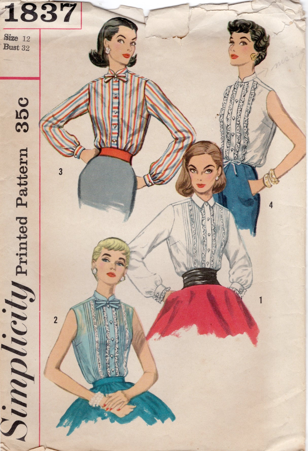 1950's Simplicity Pin Tuck Button Up Blouse Pattern - Bust 32" - No. 1837