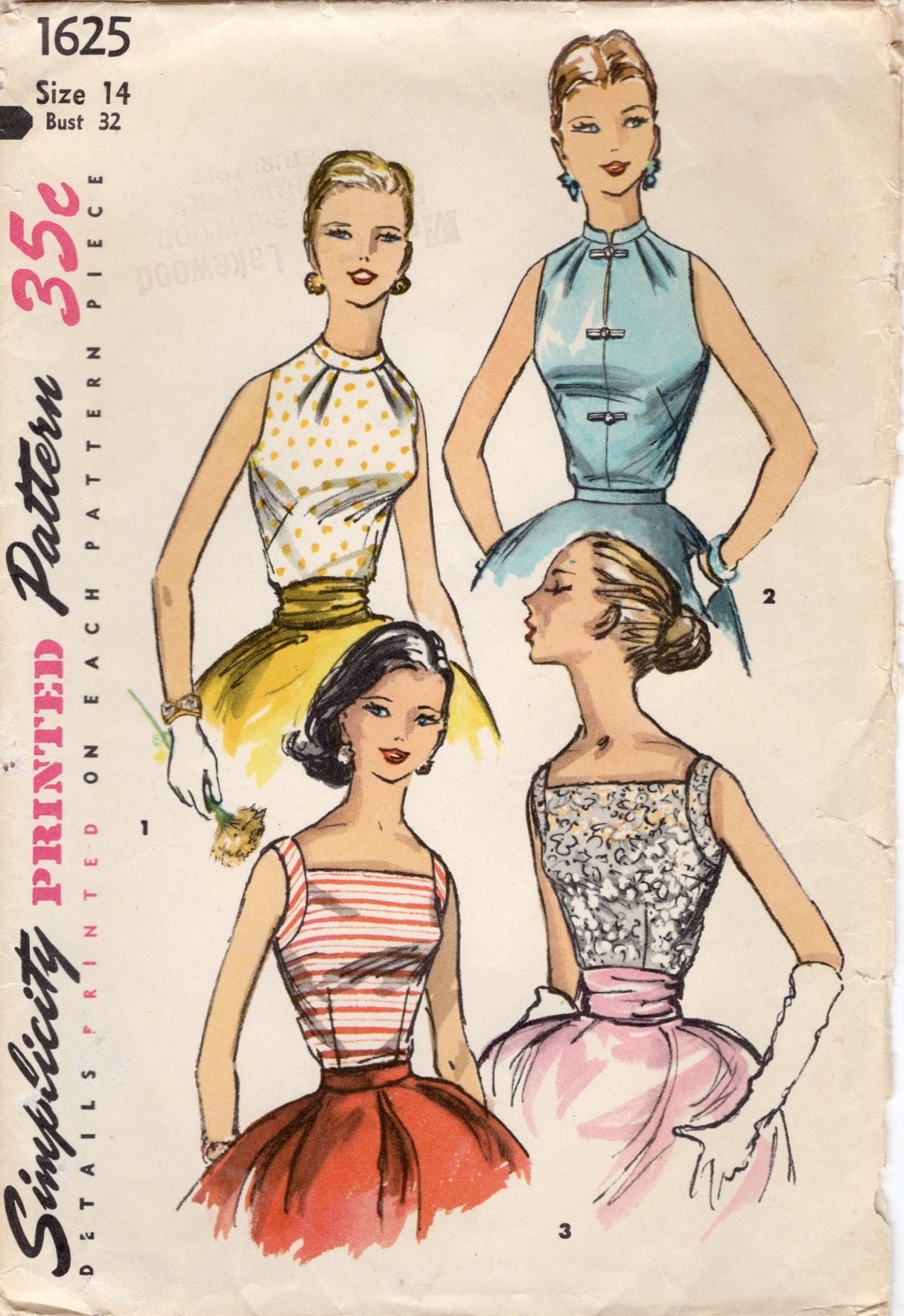 1950's Simplicity Blouse in Three Styles Pattern - Bust 32" - No. 1625