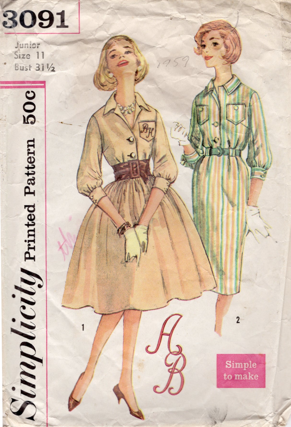 1950's Simplicity Shirtwaist Dress with Slim or Full Skirt Pattern - Bust 31.5" - No. 3091