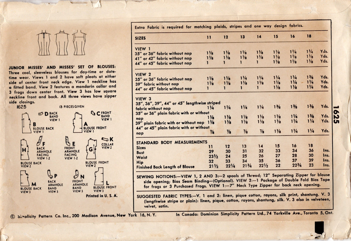 1950's Simplicity Blouse in Three Styles Pattern - Bust 32" - No. 1625