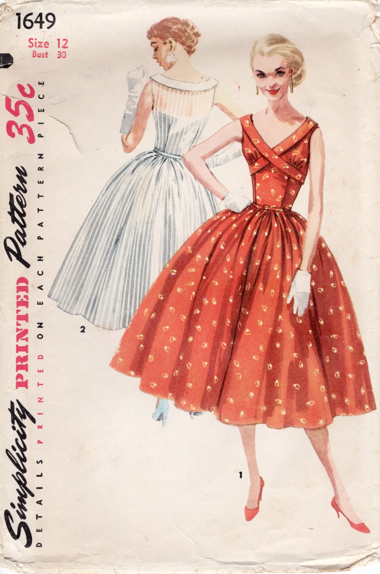 1950's Simplicity Fit and Flare Sleeveless Dress Pattern with Band Accents - Bust 30" - No. 1649