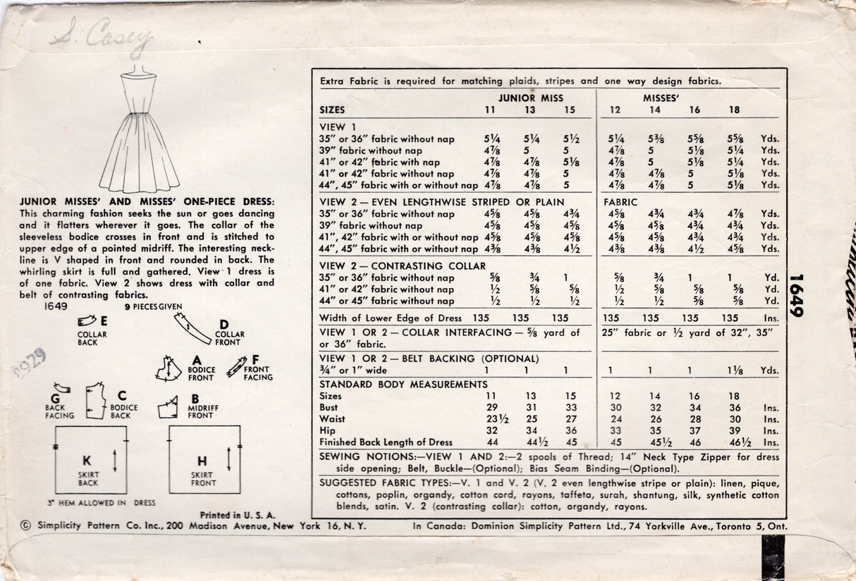 1950's Simplicity Fit and Flare Sleeveless Dress Pattern with Band Accents - Bust 30" - No. 1649