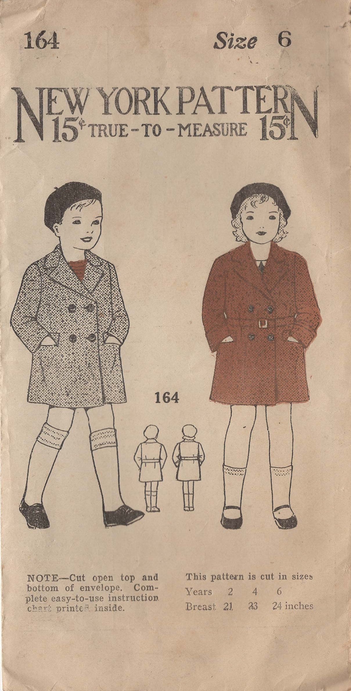 1930's New York Child’s Double Breasted Coat Pattern - Chest 24" - No. 164