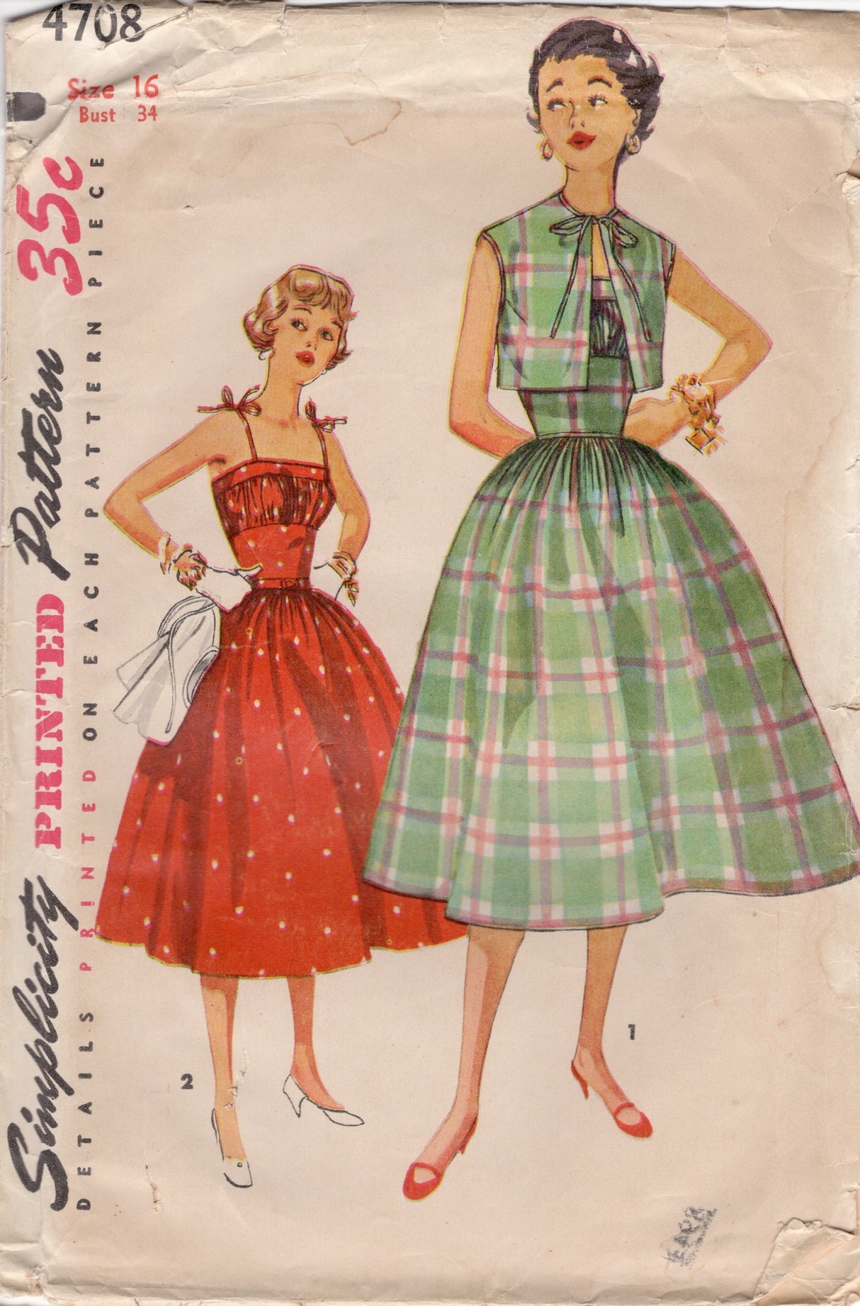 1950's Simplicity Gathered Bodice One Piece Dress and Bolero Pattern - Bust 34" - No. 4708